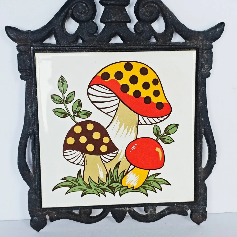 1970 Sears Roebuck Merry Mushroom Trivet Cast Iron Ceramic Tile Wall Decor Retro